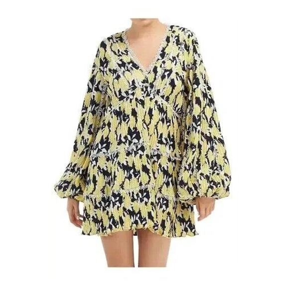 C/MEO Women's Large Yellow Navy Long Sleeve Enlight Dress Mini Ruffles NWT $200 - Picture 1 of 11